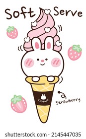 Soft serve on head cute rabbit hand drawn. Strawberry flavor ice cream on cone background. Cartoon bunny doodle style. Yummy logo. Can be use for card, menu, T-shirt. Vector. Illustration. 