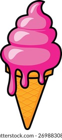 Suave servir cone de sorvete rosa pingando com xarope de derretimento, ilustração de vetor de desenhos animados arrojados