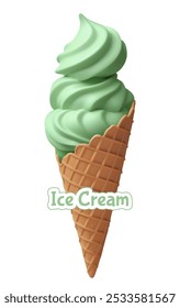 Sirva el remolino de helado de pistacho suave en cono estilo oblea. Iconos vectoriales realistas 3d verdes. Ilustración vectorial de helado de remolino en cono de gofre sobre fondo blanco. Comida dulce para el Web