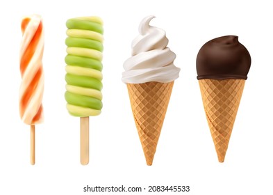 Sirve suaves helados realistas, cono de gofre de caramelo, helado de frutas congeladas, comida vectorial dulce. Helado de chocolate en sorbete de wafer o sundae, helado para café y gelatería comida rápida postres congelados