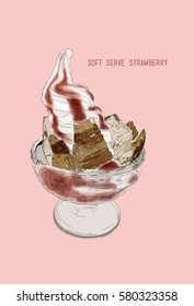 soft serve strawberry ice cream in cup.Hand drawn sketch vector.