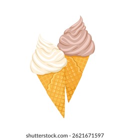 Soft serve vanilla ice cream and chocolate ice cream in waffle cone. Vector cartoon flat illustration.