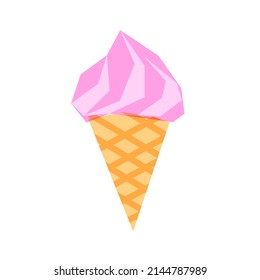 Soft Served Ice Cream Cone With Bright Pink Filling, Overprint Stylistic. Golden Waffle With Fruity Dessert Vector.