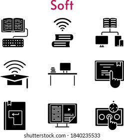 soft set. included cap, desktop, ebook, test, homework, school, book, touchscreen, enter icons. filled styles.