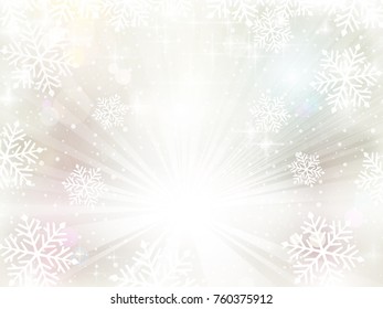 Soft silvery textured winter background a light burst and snowfall decorated with snowflakes, blurry light dots and various light effects for a festive feeling for the magic winter, Christmas season.
