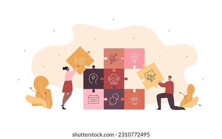 Suave habilidad para la colección de conceptos empresariales. Ilustración de carácter plana vectorial. El equipo de hombres y mujeres hacen rompecabezas del símbolo de competencias aislado en blanco. Diseño para formación corporativa, negocio