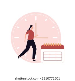 Suave habilidad para la colección de conceptos empresariales. Ilustración de carácter plana vectorial. Empleada mujer corriendo con reloj, símbolo de programación aislado en fondo blanco. Diseño para formación corporativa, negocio