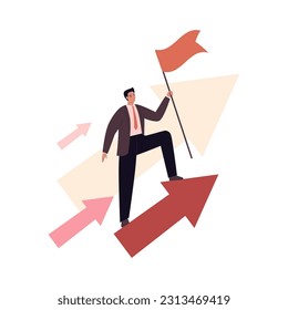 Soft skill for business concept collection. Vector flat character illustration. Motivation. Male businessman in corporate suit standing with flag on arrow. Design for corporate training, business