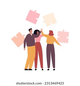 Soft skill for business concept collection. Vector flat character illustration. Teamwork. Happy team of employee celebrate. Jigsaw puzzle piece. Design for corporate training, business