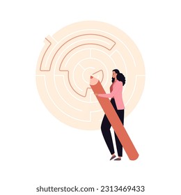 Soft skill for business concept collection. Vector flat character illustration. Strategic thinking and decision making. Woman draw path in maze. Design for corporate training, business