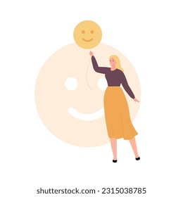 Soft skill for business concept collection. Vector flat character illustration. Emotional intelligence and social media marketing. Woman hold smile emoji in hand. Design for corporate training