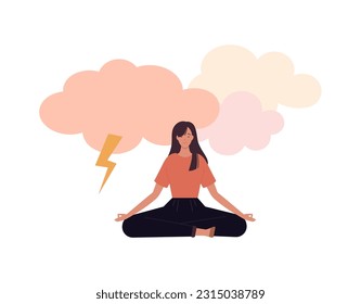 Soft skill for business concept collection. Vector flat illustration. Discipline and emotional management. Woman meditate in lotus pose. Lightning shock anger symbol. Design for corporate training