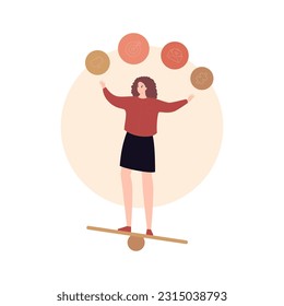 Soft skill for business concept collection. Vector flat character illustration. Adaptability and multitasking. Woman with skills icon balance on board. Design for corporate training, business