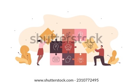 Soft skill for business concept collection. Vector flat character illustration. Man and woman team make jigsaw puzzle of competencies symbol isolated on white. Design for corporate training, business