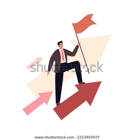 Soft skill for business concept collection. Vector flat character illustration. Motivation. Male businessman in corporate suit standing with flag on arrow. Design for corporate training, business