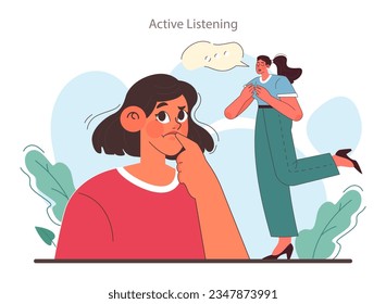 Soft skill development. Character with active listening skill. Effective communication, positive interaction with surrounding people. People community building. Flat vector illustration