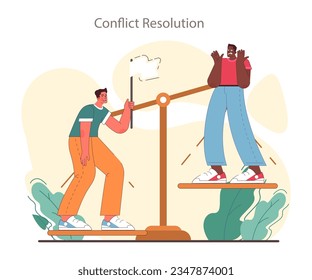 Soft skill development. Character with conflict resolution skill. Person resolve a conflict, find compromise on opposite opinions. Self-development and psychological maturity. Flat vector illustration