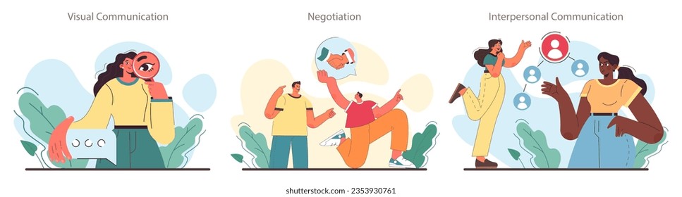 Soft skill development set. Character with communication skill. Effective collaboration, positive interaction with surrounding people. People community building. Flat vector illustration