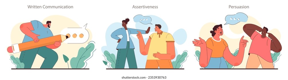 Soft skill development set. Character with communication skill. Effective collaboration, positive interaction with surrounding people. People community building. Flat vector illustration