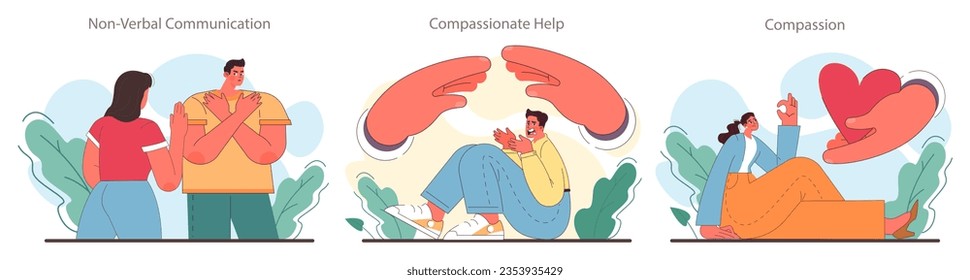 Soft skill development set. Character with empathy. Person with deep understanding of emotions and sympathy. Self-development for psychological and emotional maturity. Flat vector illustration