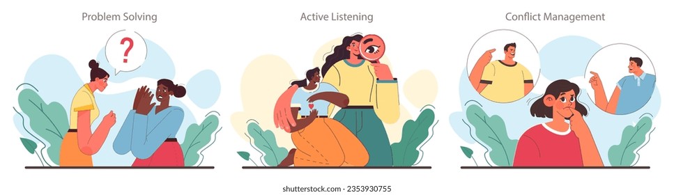 Soft skill development set. Conflict resolution skill. Person resolve a conflict, find compromise on opposite opinions. Self-development and psychological maturity. Flat vector illustration