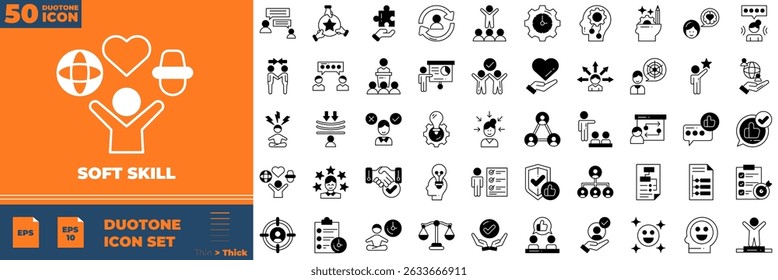 Soft Skill Duotone Editable Icons set. Ilustração vetorial em estilo duotônico fino moderno de ícones de habilidades suaves: treinamento, negócios, cérebro, etc
