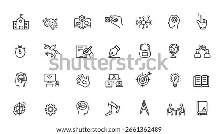 Soft skill education icon set. Essential abilities learning training concept. Early kids education soft skills children development. Minimalist line art white background vector.