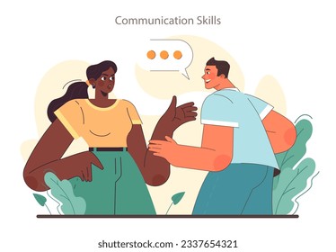 Soft skill. Employee with communication skill. Effective collaboration and teamwork, positive workers interaction. Self-development for career growth. Flat vector illustration