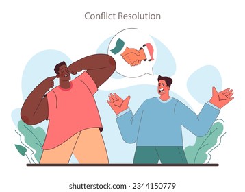 Suave habilidad. Empleado con habilidades para resolver conflictos. Los trabajadores resuelven un conflicto, encuentran compromiso en opiniones opuestas. Autodesarrollo para el crecimiento de la carrera. Ilustración vectorial plana