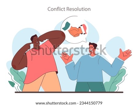 Soft skill. Employee with conflict resolution skill. Worker resolve a conflict, find compromise on opposite opinions. Self-development for career growth. Flat vector illustration