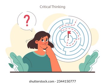 Soft skill. Employee with with critical thinking skill. Strategic decision-making, brainstorming and solution research. Self-development for career growth. Flat vector illustration