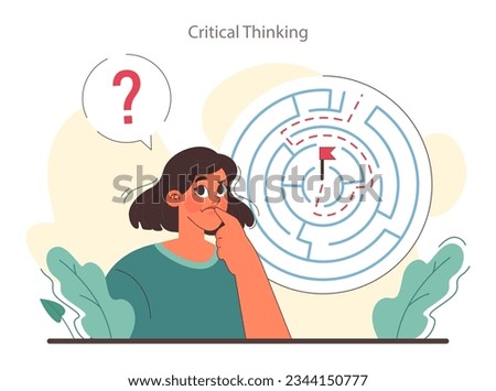 Soft skill. Employee with with critical thinking skill. Strategic decision-making, brainstorming and solution research. Self-development for career growth. Flat vector illustration
