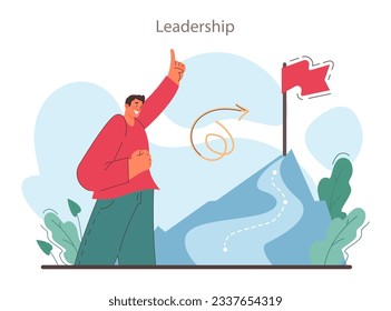 Soft skill. Employee with leadership qulities. Manager leading a workteam towards success. Strategy development and business planning. Self-development for career growth. Flat vector illustration