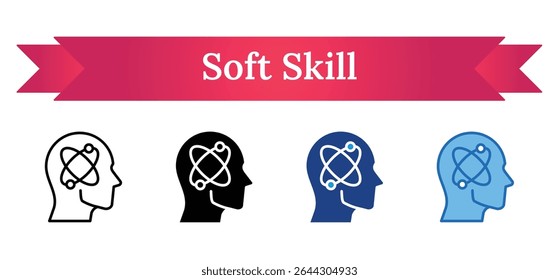 Soft Skill - Multi Style - Human head with atom symbol, reflecting emotional intelligence, communication, and mental flexibility