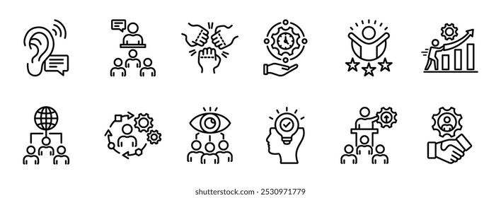 Symbol für weiche Fähigkeit mit dünner Linie. Enthaltend Kreativität, Vernetzung, Vielseitigkeit, Potenzial, Etikette