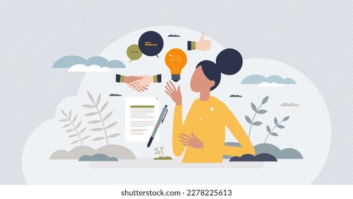 Soft skills as ability to successful communication tiny person concept. Work project representation with competence, empathy and emotional intelligence vector illustration. Personality for business.