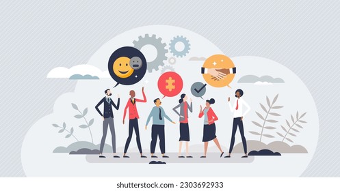 Soft skills as ability to understand communication tiny person concept. Empathy and emotion intelligence in conversation as quality for leaders vector illustration. Relationship for work and job.