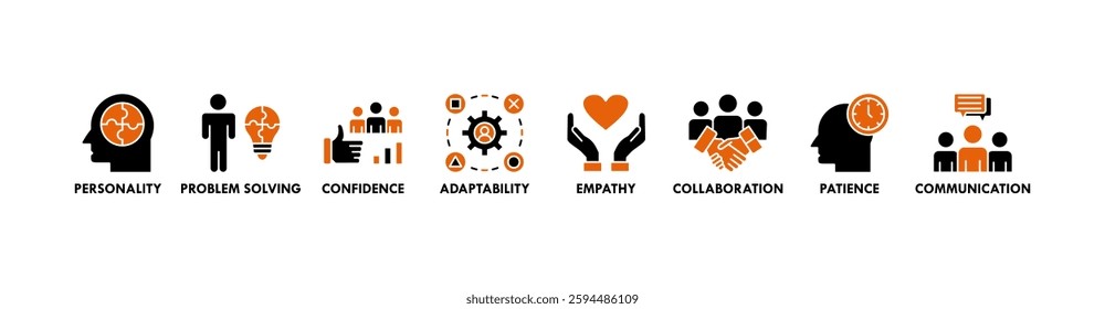Soft skills banner web icon vector illustration concept with icon of personality, problem solving, confidence, adaptability, empathy, collaboration, patience, communication