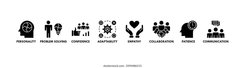 Soft skills banner web icon vector illustration concept with icon of personality, problem solving, confidence, adaptability, empathy, collaboration, patience, communication