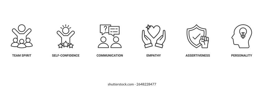 Soft skills banner web icon vector illustration concept with icon of work ethic, team work, adaptability, problem solving, communication, creativity, time management, leadership