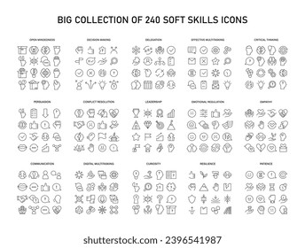 Juego de iconos grandes de Soft Skills. Mejorar las capacidades interpersonales esenciales con íconos de pensamiento crítico, liderazgo y más. Cultivar la excelencia profesional y el crecimiento personal. ilustración vectorial.