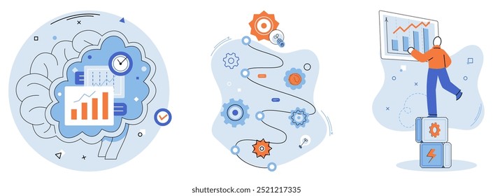 Habilidades suaves. Um cérebro com uma lista de verificação, engrenagens interconectadas, e uma pessoa com um gráfico de crescimento. Ideal para comunicação, trabalho em equipe, solução de problemas, organização e produtividade. Estilo mínimo moderno