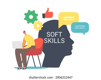 Soft Skills in Business Concept. Tiny Female Character Working on Laptop at Huge Human Head. Office Worker Empathy, Work Communication, Idea Development and Education. Cartoon Vector Illustration