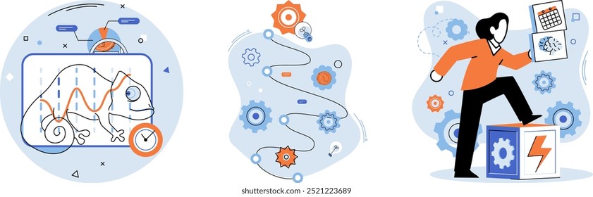 Soft skills. A chameleon with fluctuating graphs, gears and pathways, and a person with charts. Ideal for adaptability, teamwork, effective communication, creativity, and strategic planning. Modern