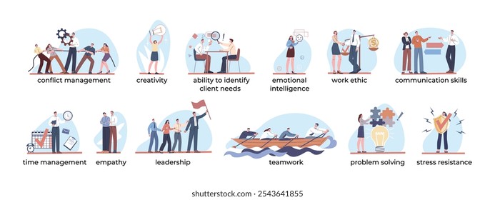 Soft skills characters. Individual abilities for corporate working, creativity empathy leadership teamwork emotional intelligence employees, kicky vector set