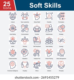 Soft Skills is a collection of icons representing the essential interpersonal and intrapersonal skills that enhance teamwork, leadership, communication, emotional intelligence, stress management.