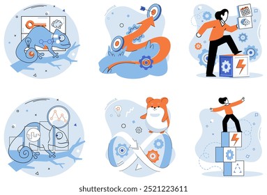 Soft skills. Colorful scenes of a chameleon, graphs, gears, and people symbolize various professional soft skills. Ideal for adaptability, problem-solving, strategic planning, creativity