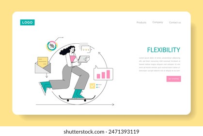 Soft Skills concept. An agile professional multitasking with technology in a dynamic workflow. Adaptability in modern work environments. Vector illustration.