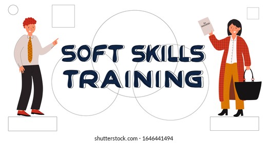 Soft skills concept. Banner with abstract geometric background and successful business man and women. Lettering Soft skills training. Colored flat vector illustration. 