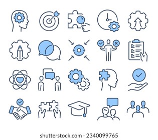 Soft skills concept blue editable stroke outline icons set isolated on white background flat vector illustration. Pixel perfect. 64 x 64.